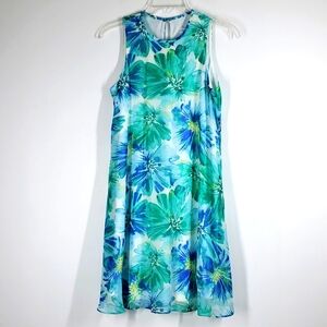 Calvin Klein Blue Green Floral Chiffon A Line Dress Sleeveless Size 2 EUC